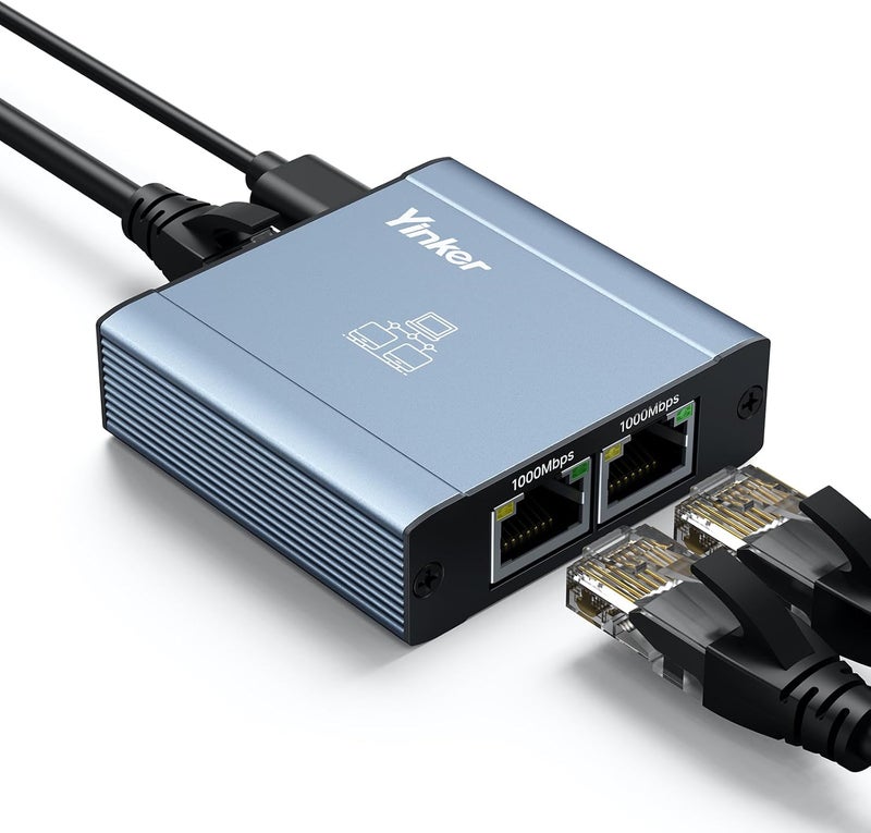 Yinker Ethernet Splitter 1 to 2, Gigabit 1000Mbps High-Speed LAN Bandwidth Sharing Adapter with Aluminum Housing, USB Powered for Router/TV/Game Consoles, Cat5-Cat8 Cable Compatible - Image 1